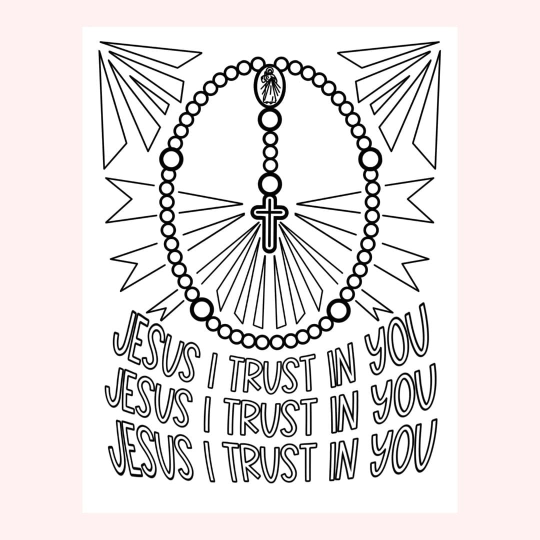 Black and white rosary with cross and text.