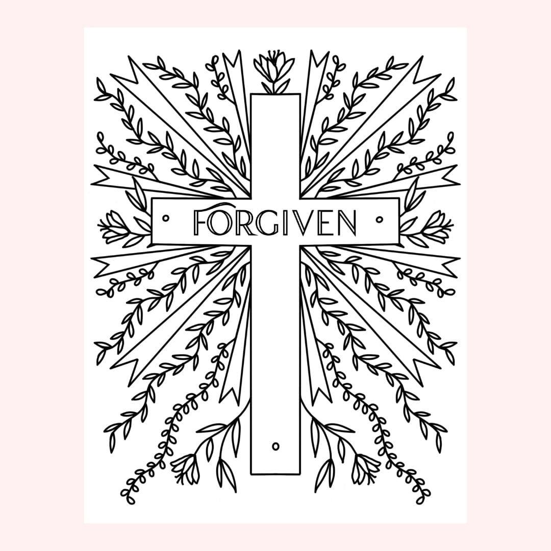 Cross with Forgiven text and floral design.