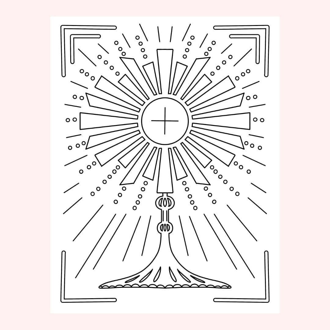 Monstrance illustration with radiating lines and cross.