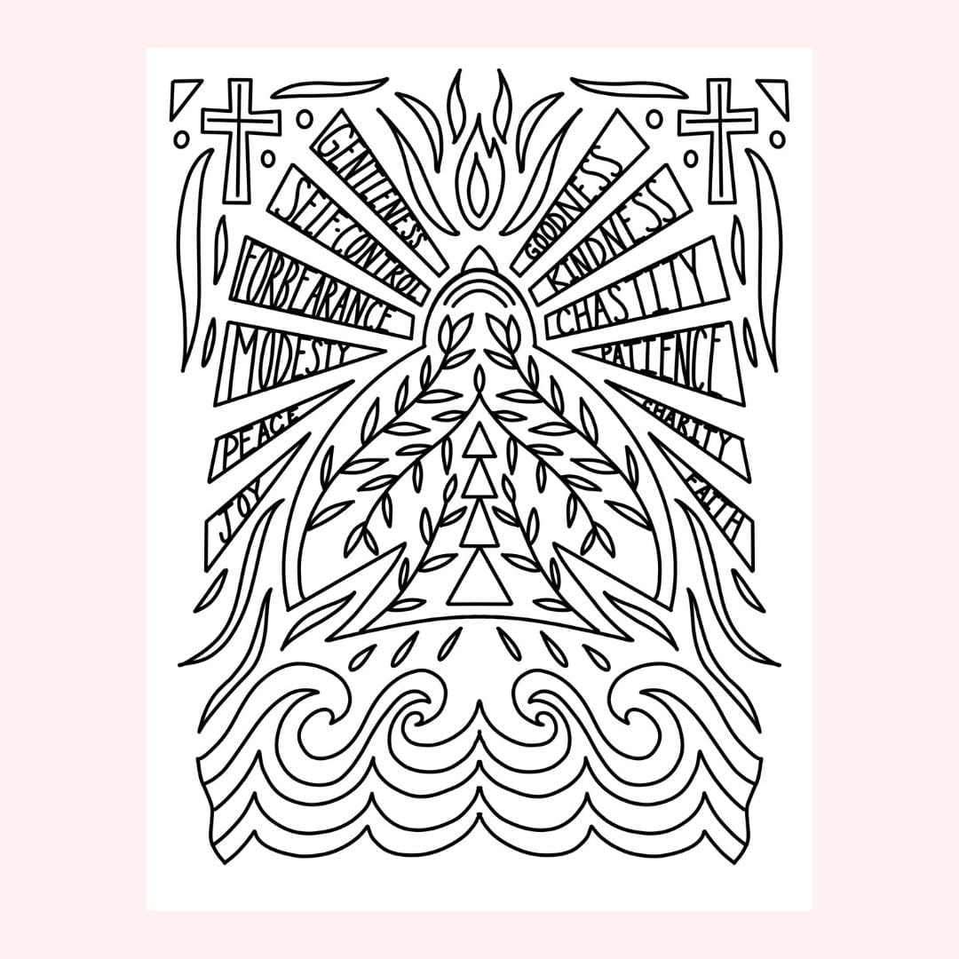 Line art illustration of virtues and symbols.