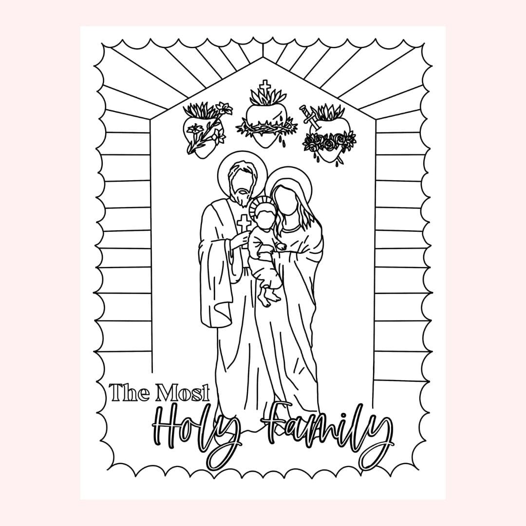 Line drawing of the Holy Family with three hearts above.