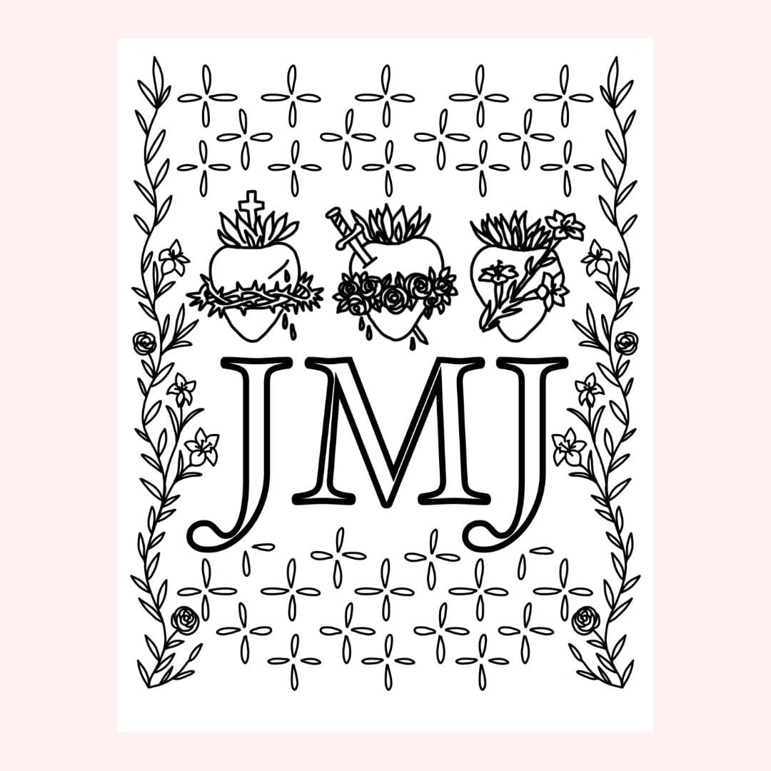 Black and white drawing of hearts and flowers with J M J.
