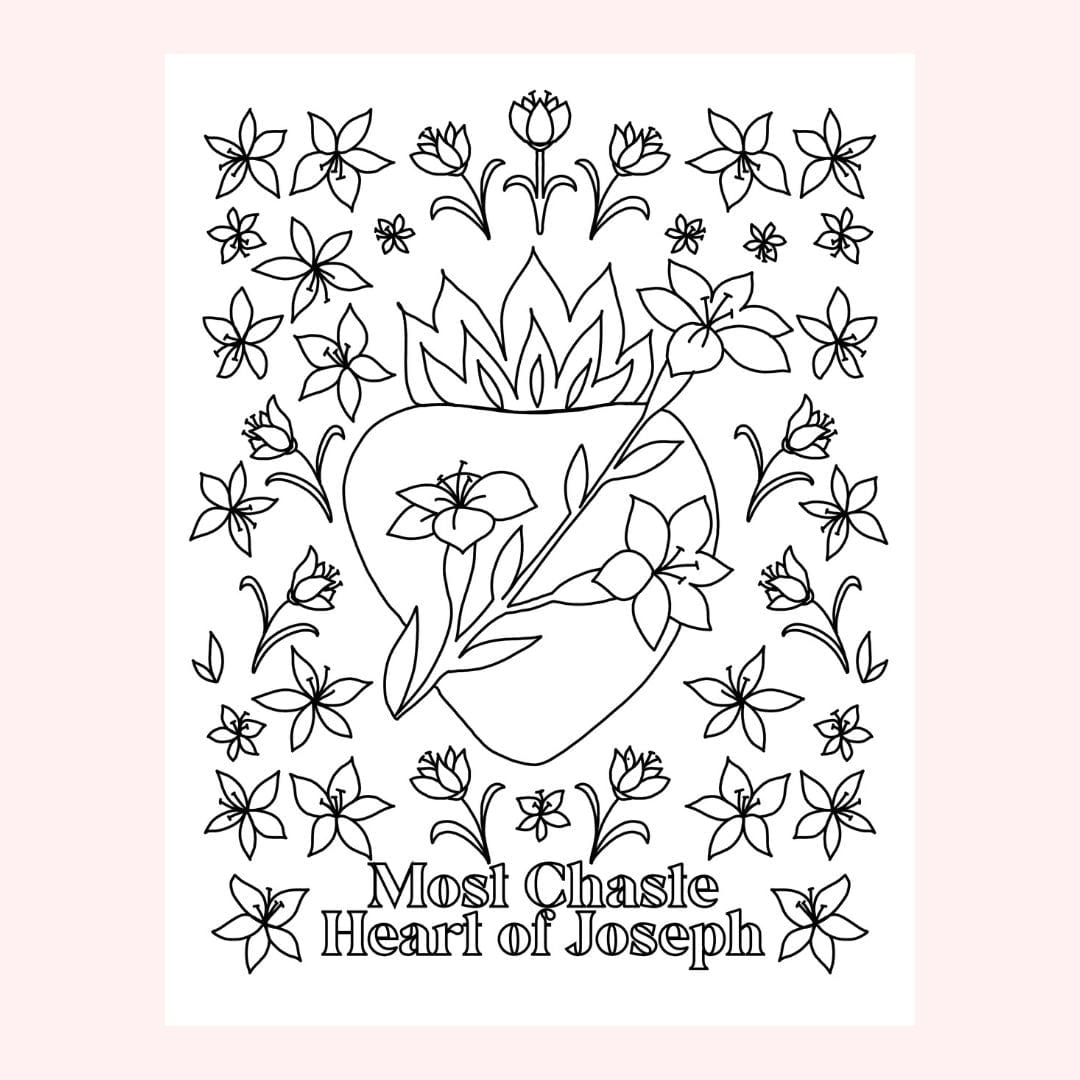 Line art illustration of a heart, flowers, and text.
