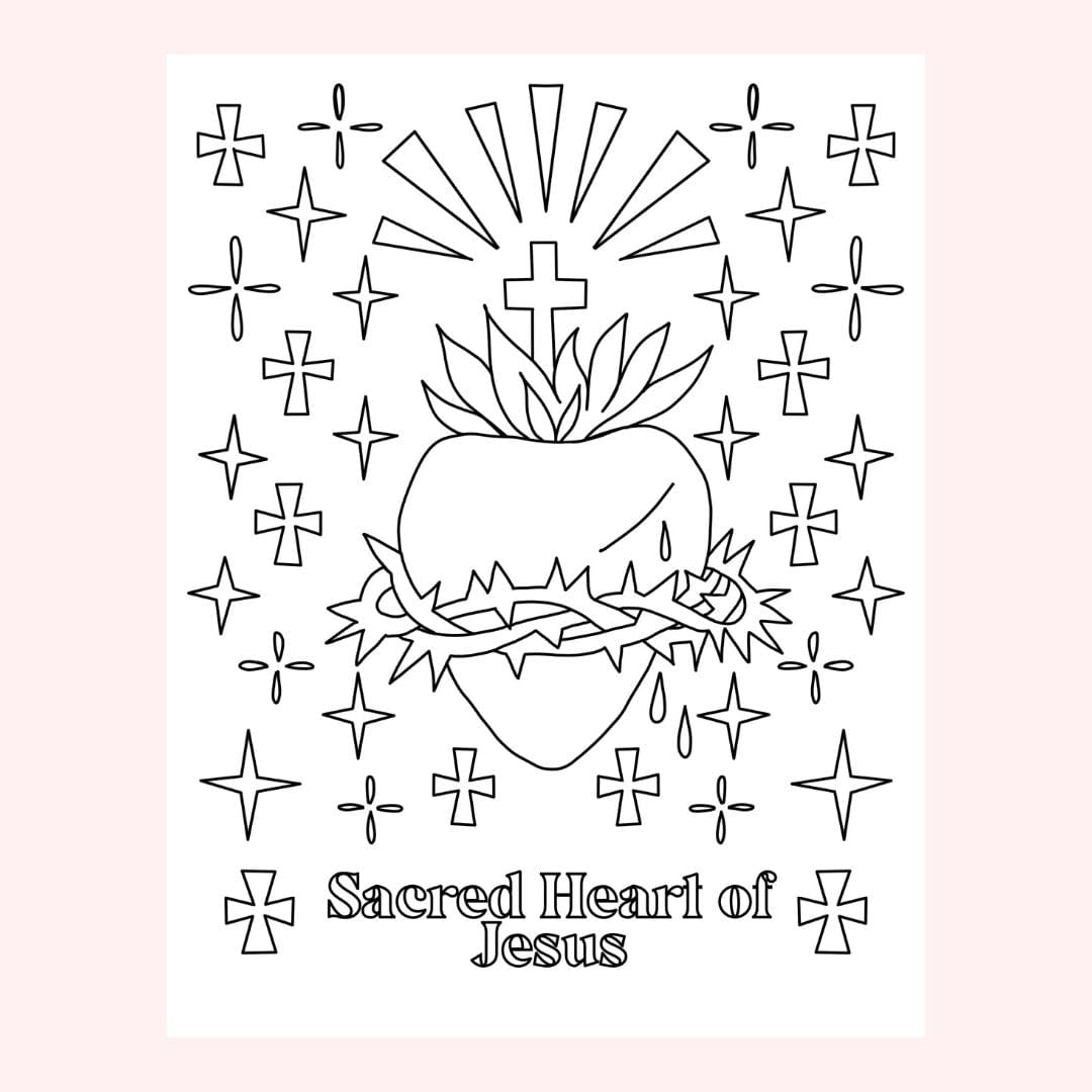 Line art illustration of Sacred Heart of Jesus.
