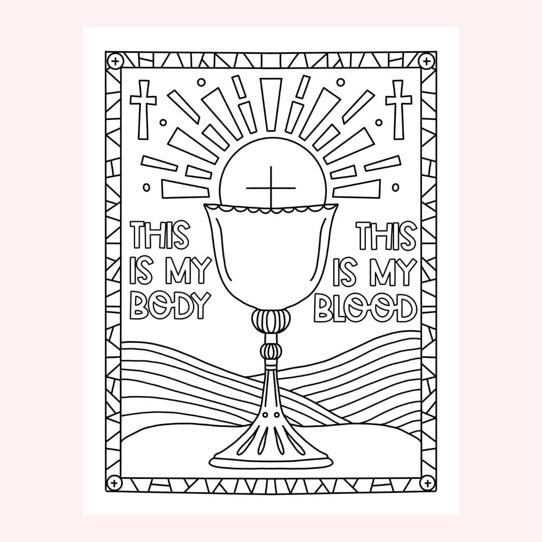 Chalice with host, rays, crosses, and text This is my body, this is my blood.