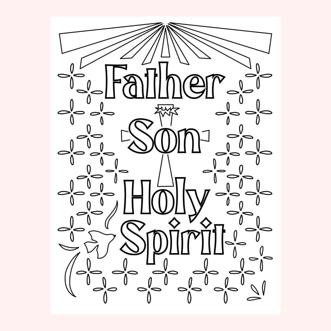 Black and white illustration with text Father, Son, Holy Spirit.