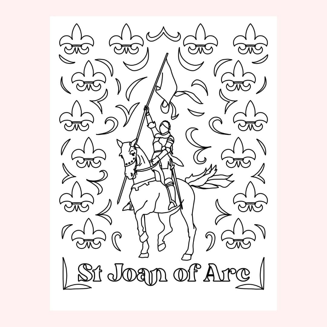 Line drawing of St. Joan of Arc on horseback, holding a flag.