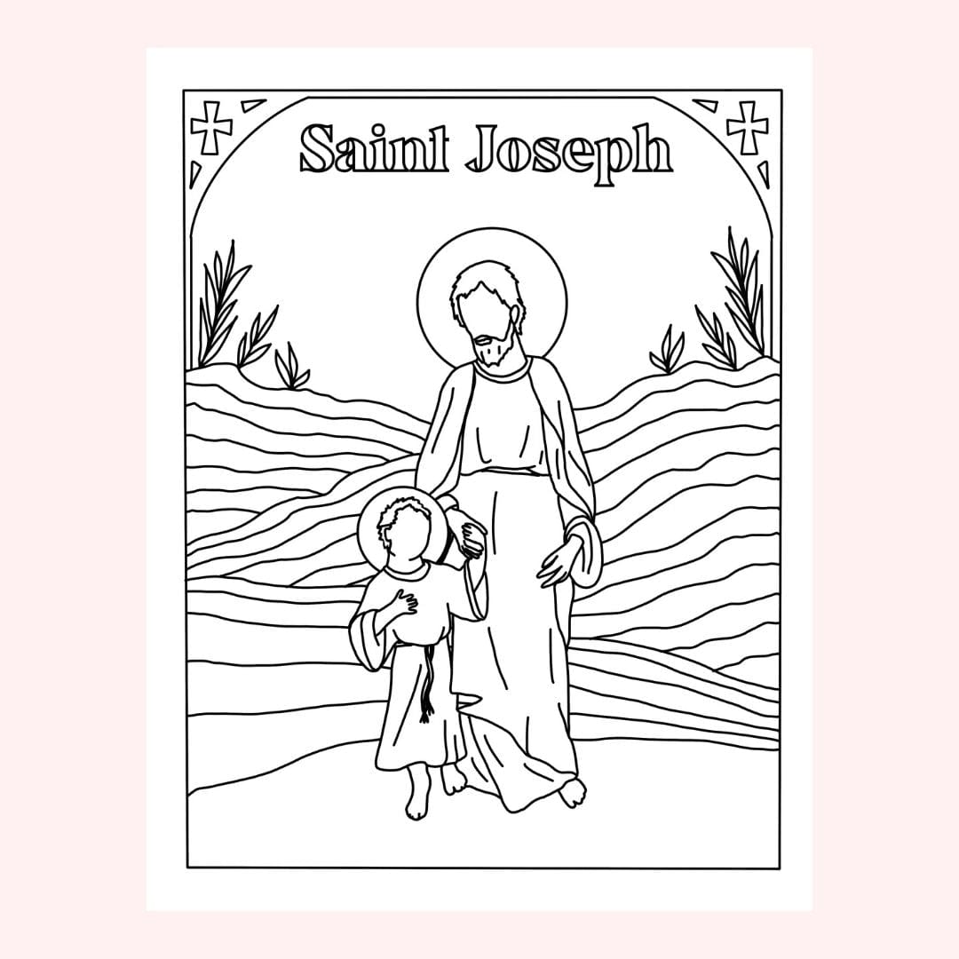 Line art illustration of Saint Joseph and child.