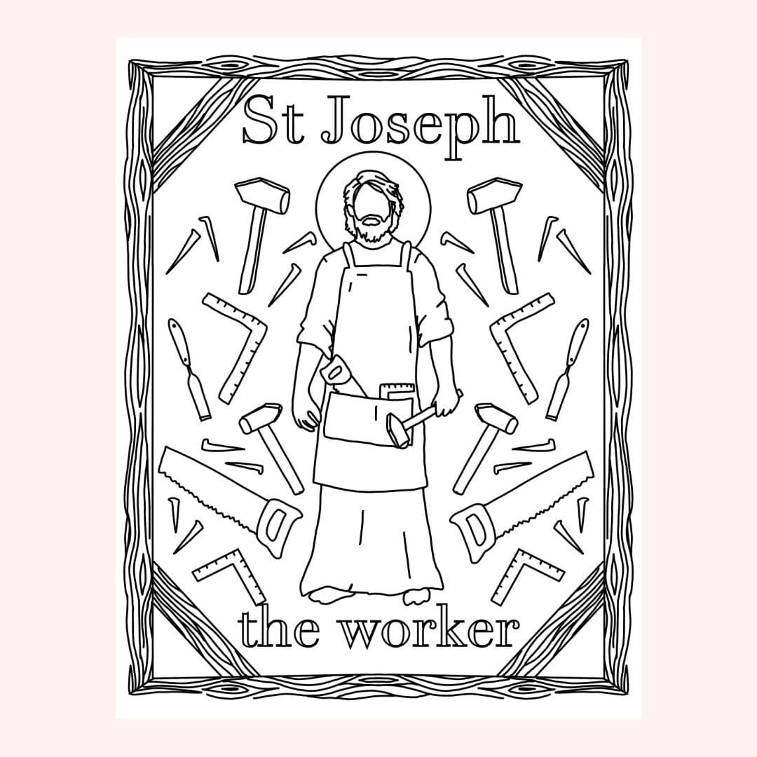 Black and white illustration of St. Joseph surrounded by carpentry tools.
