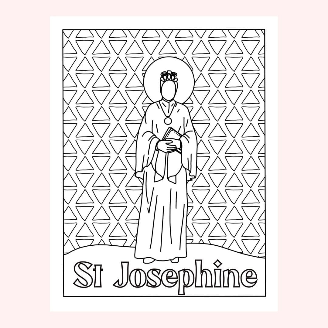 Line drawing of St. Josephine with a halo, holding a book.