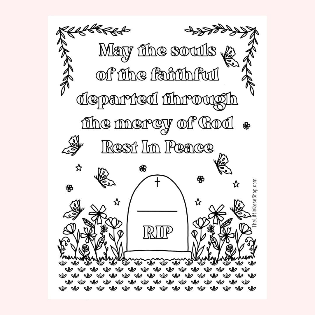 Memorial coloring page with Rest in Peace message