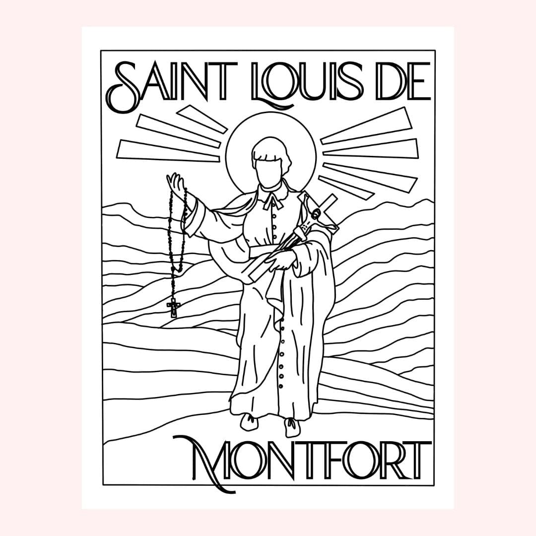 Line drawing of Saint Louis de Montfort holding a cross and rosary.