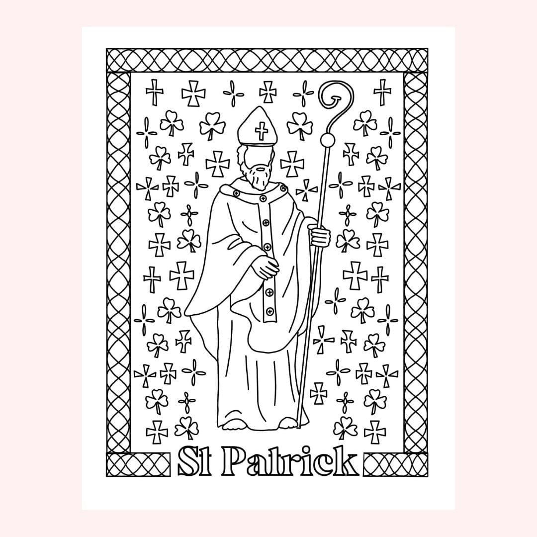 Line drawing of St. Patrick holding a staff, surrounded by crosses and...
