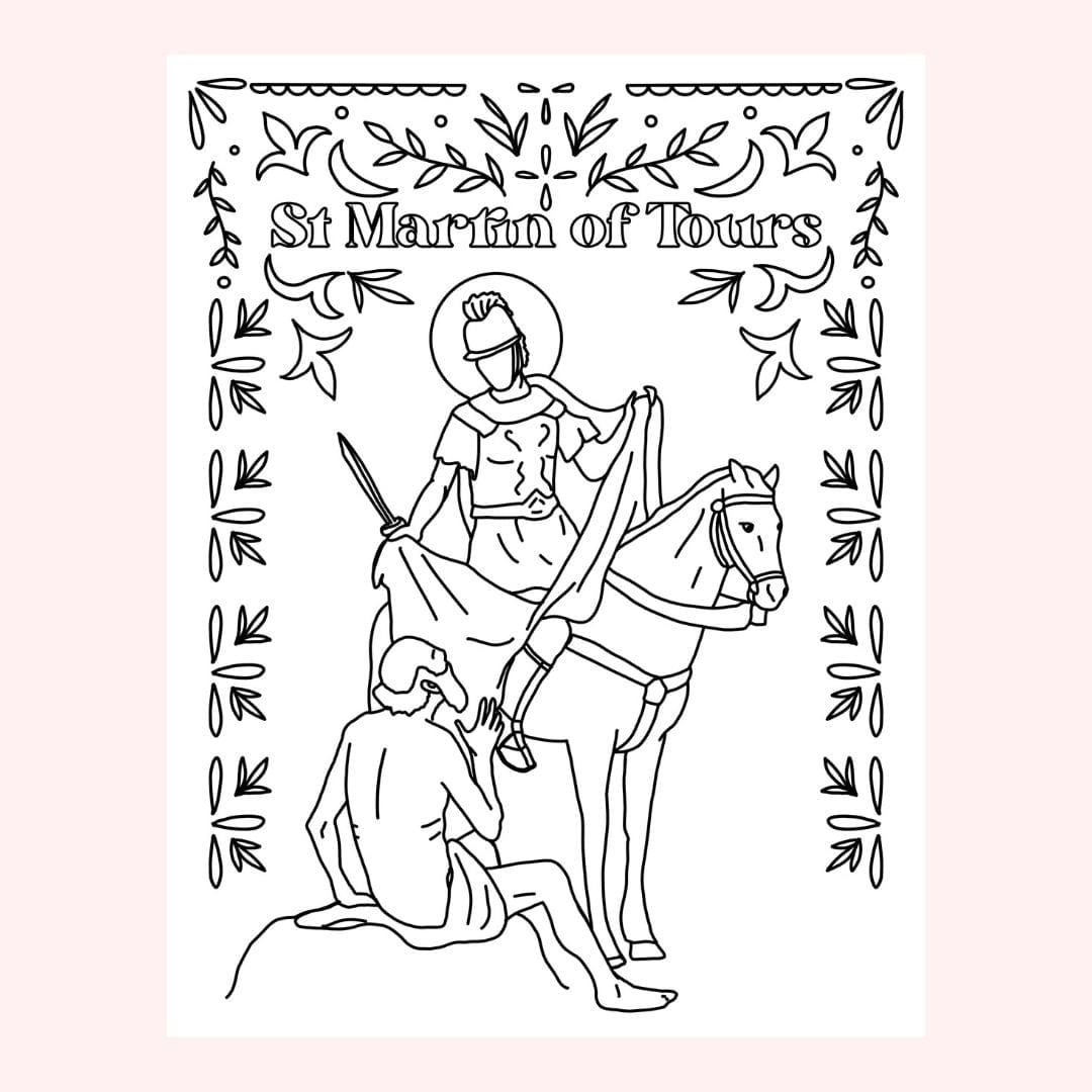 Line drawing of St. Martin of Tours on horseback, giving cloak to beggar.