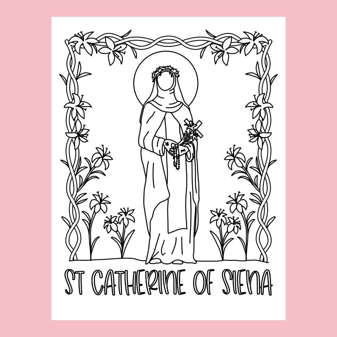 Line drawing of St. Catherine of Siena with lilies and floral frame.