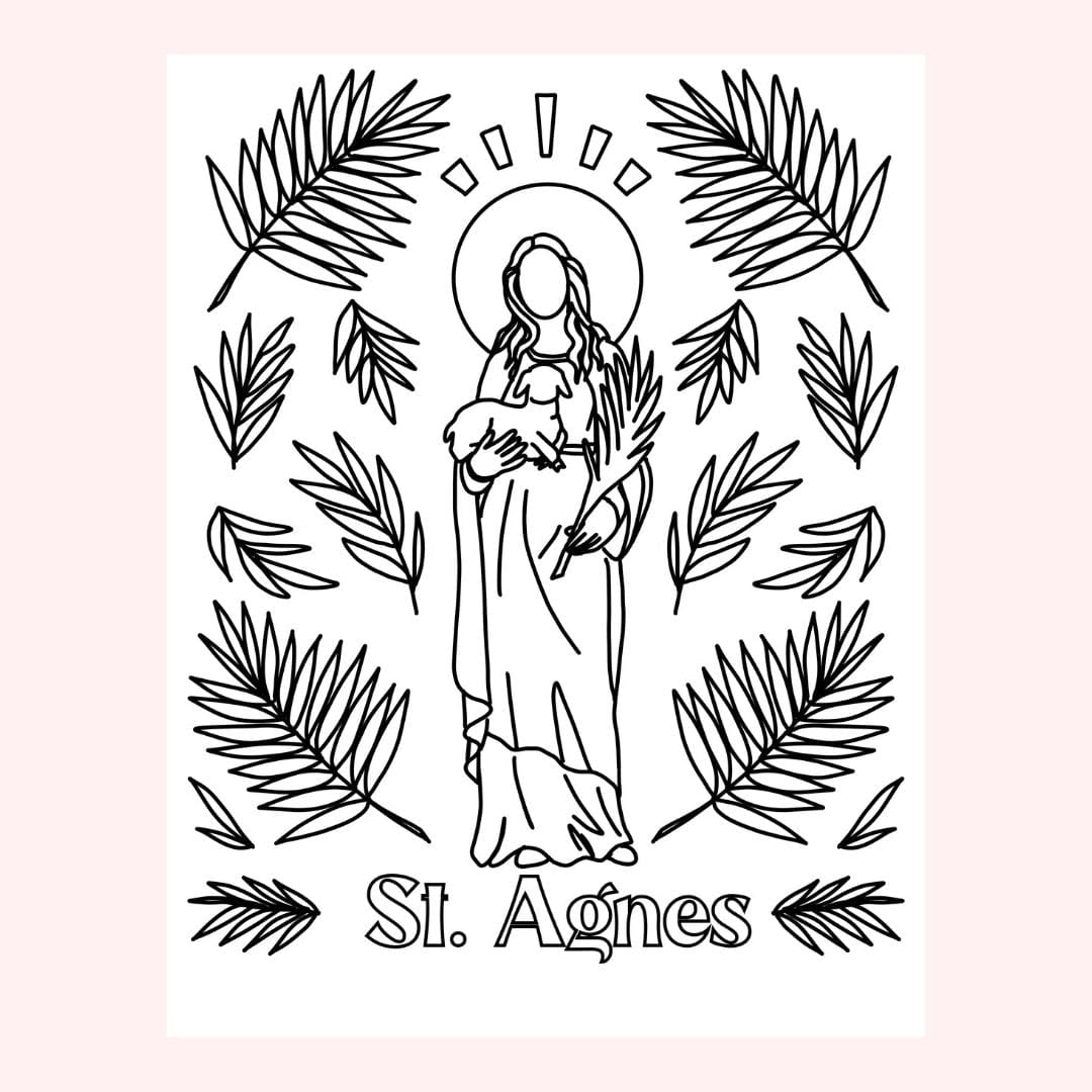 Line drawing of St. Agnes holding a lamb, surrounded by palm leaves.
