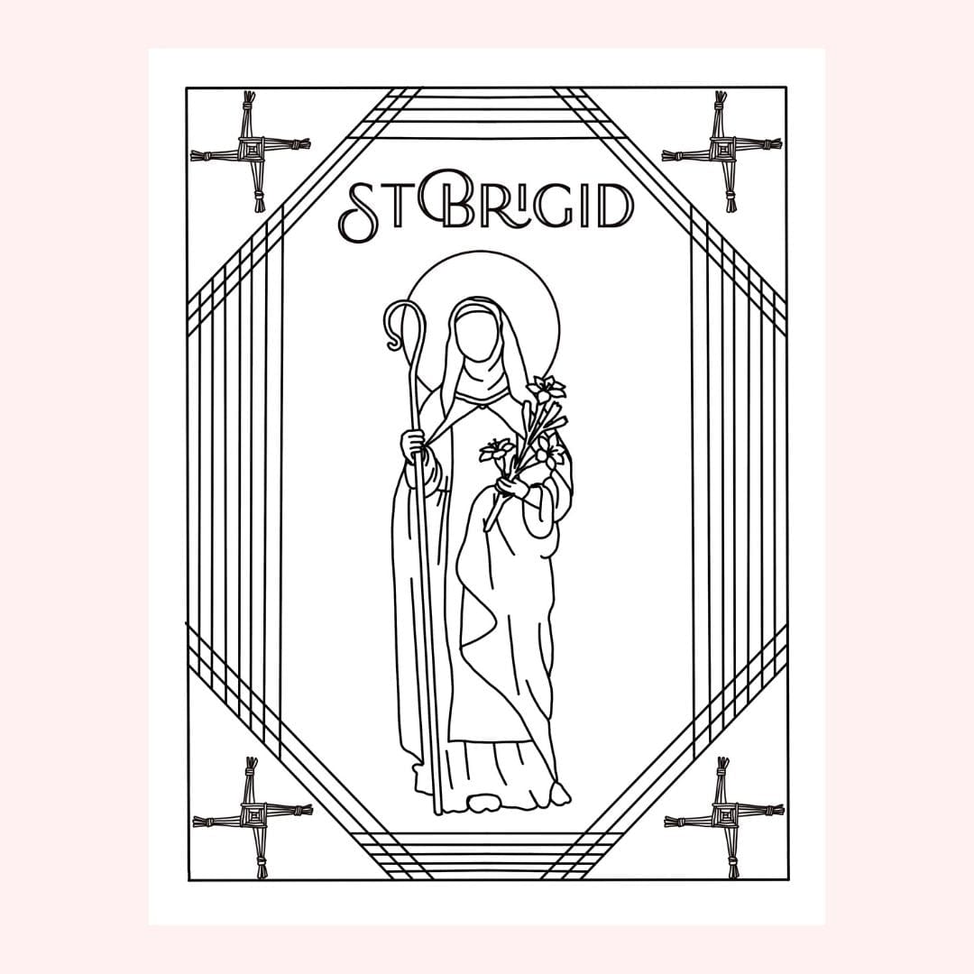 Black and white line drawing of St. Brigid holding a staff and flowers.