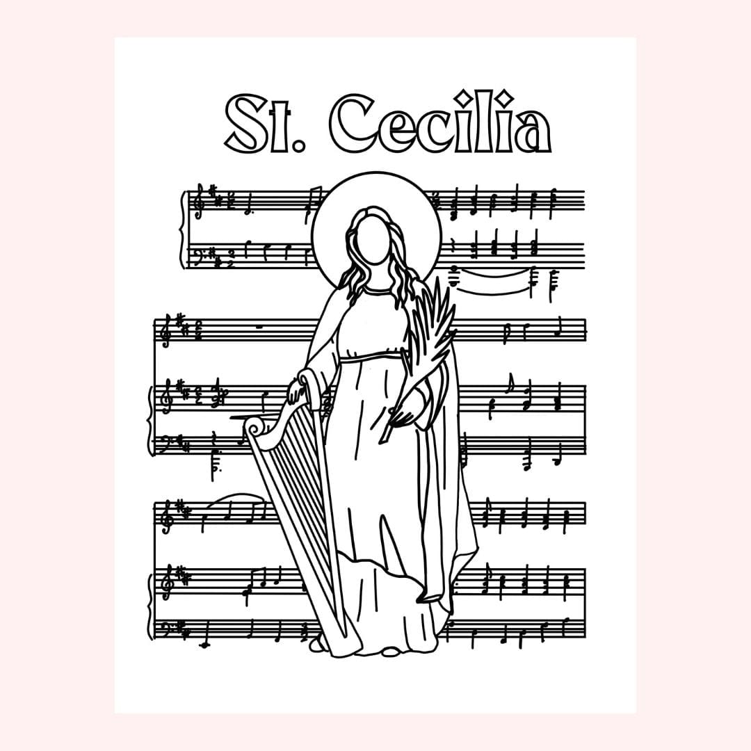 Line drawing of St. Cecilia with a harp and musical notes.