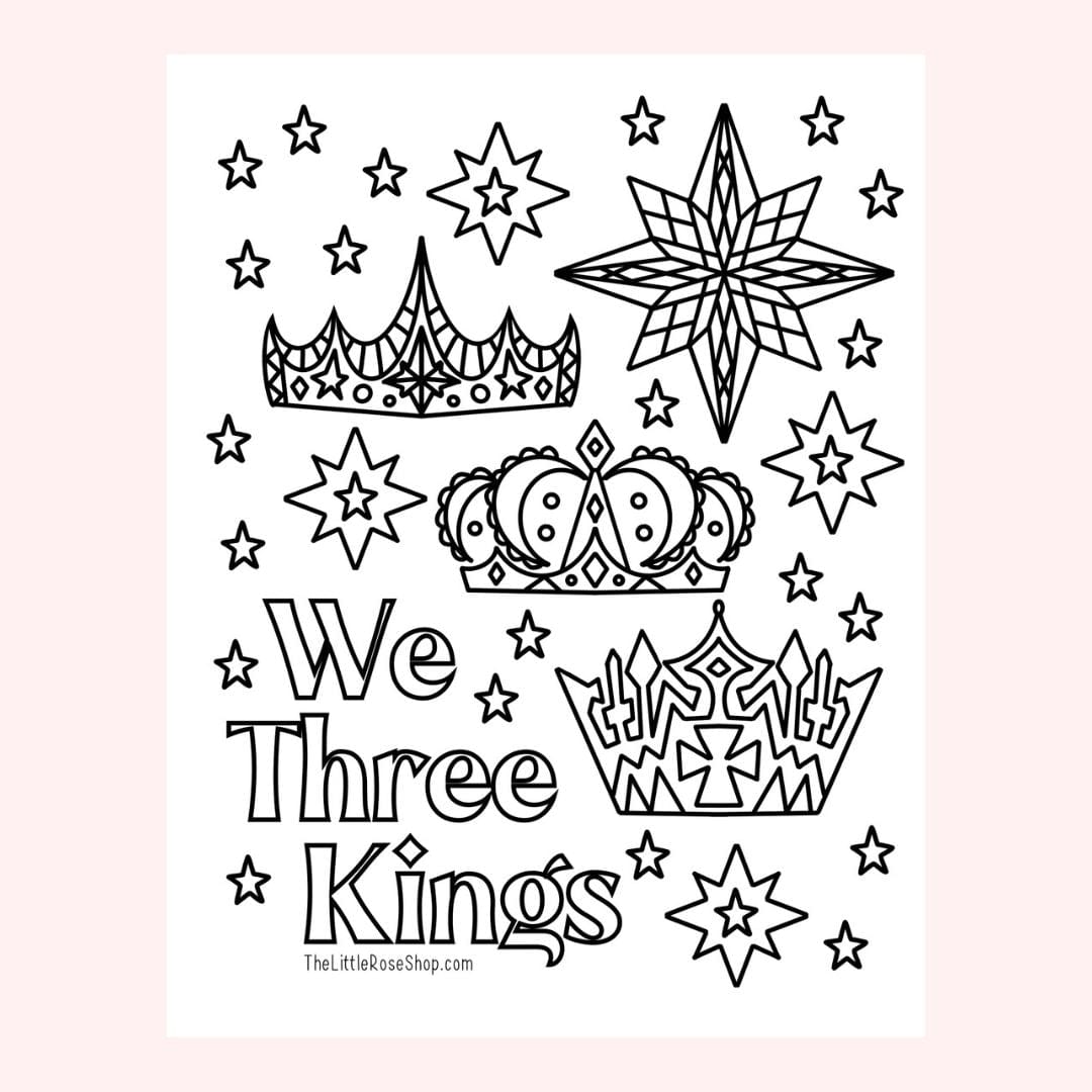 Black and white We Three Kings coloring page.
