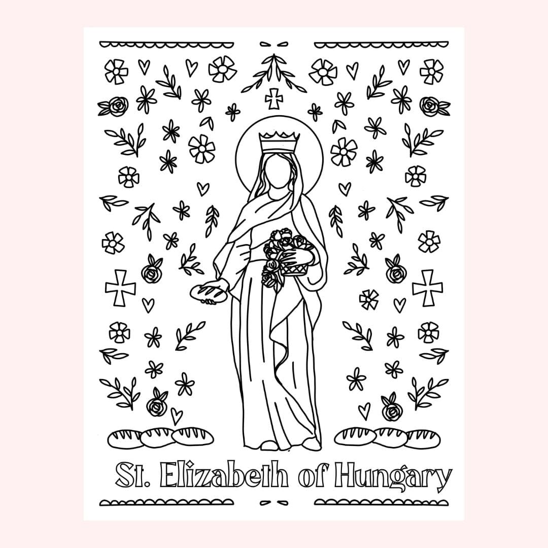 Line drawing of St. Elizabeth of Hungary with floral and bread motifs.