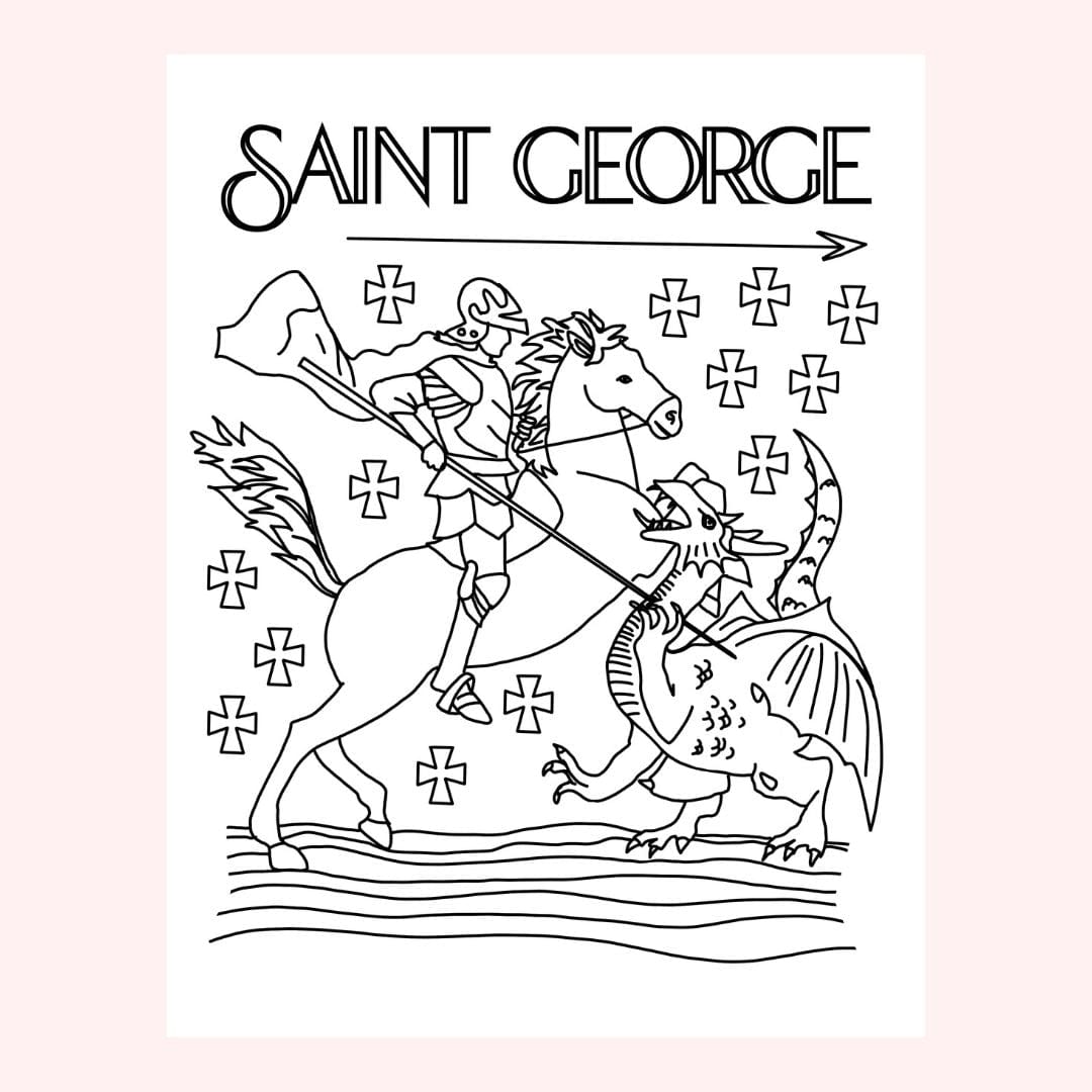 Black and white drawing of Saint George slaying a dragon.