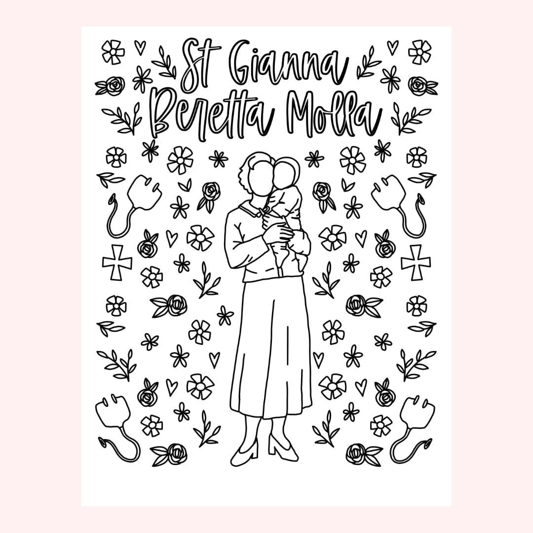 Line drawing of a woman holding a baby, surrounded by flowers and text.