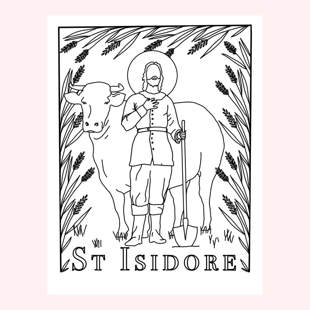 Line drawing of a man with an ox, surrounded by wheat, labeled St. Isidore.