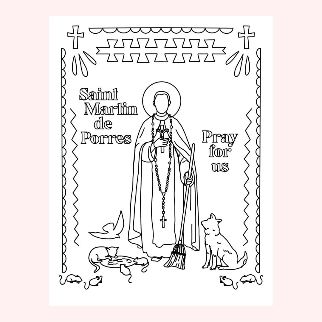 Line drawing of Saint Martin de Porres with animals and text.