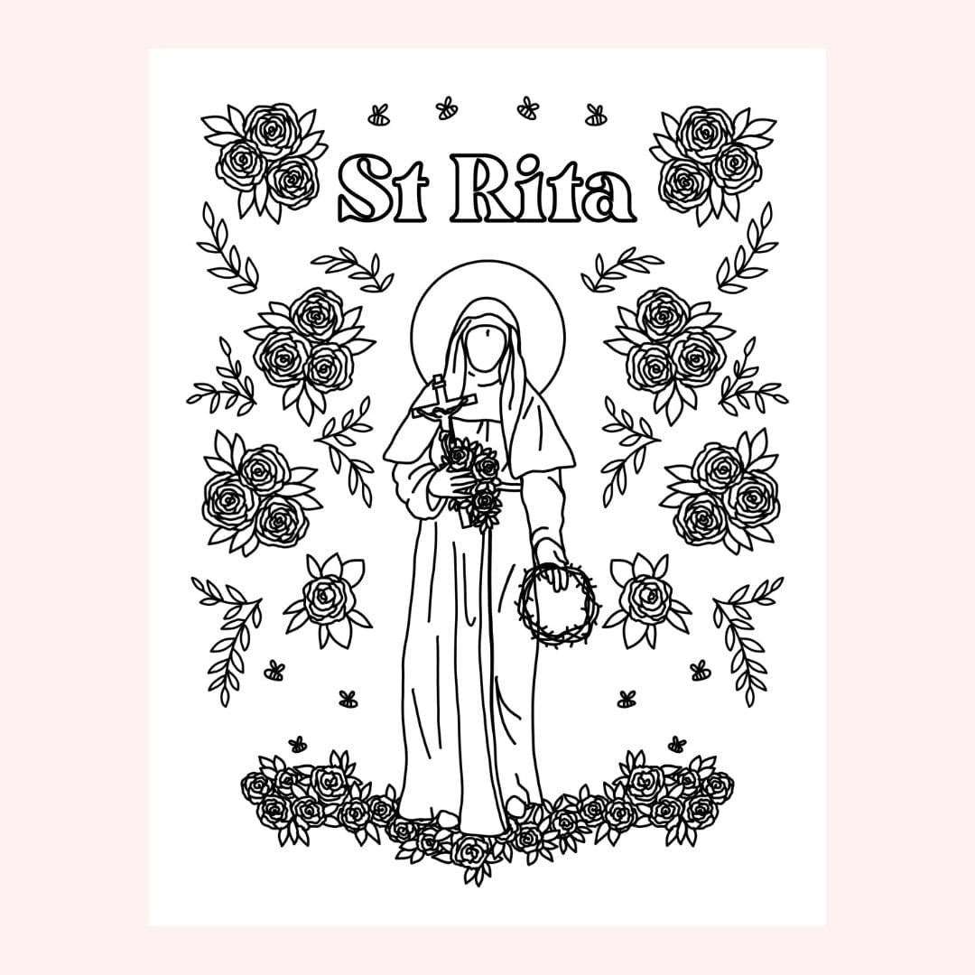 Line drawing of St. Rita holding a cross and roses, surrounded by floral...