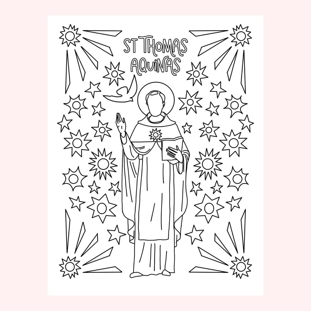 Black and white line drawing of Saint Thomas Aquinas with stars.