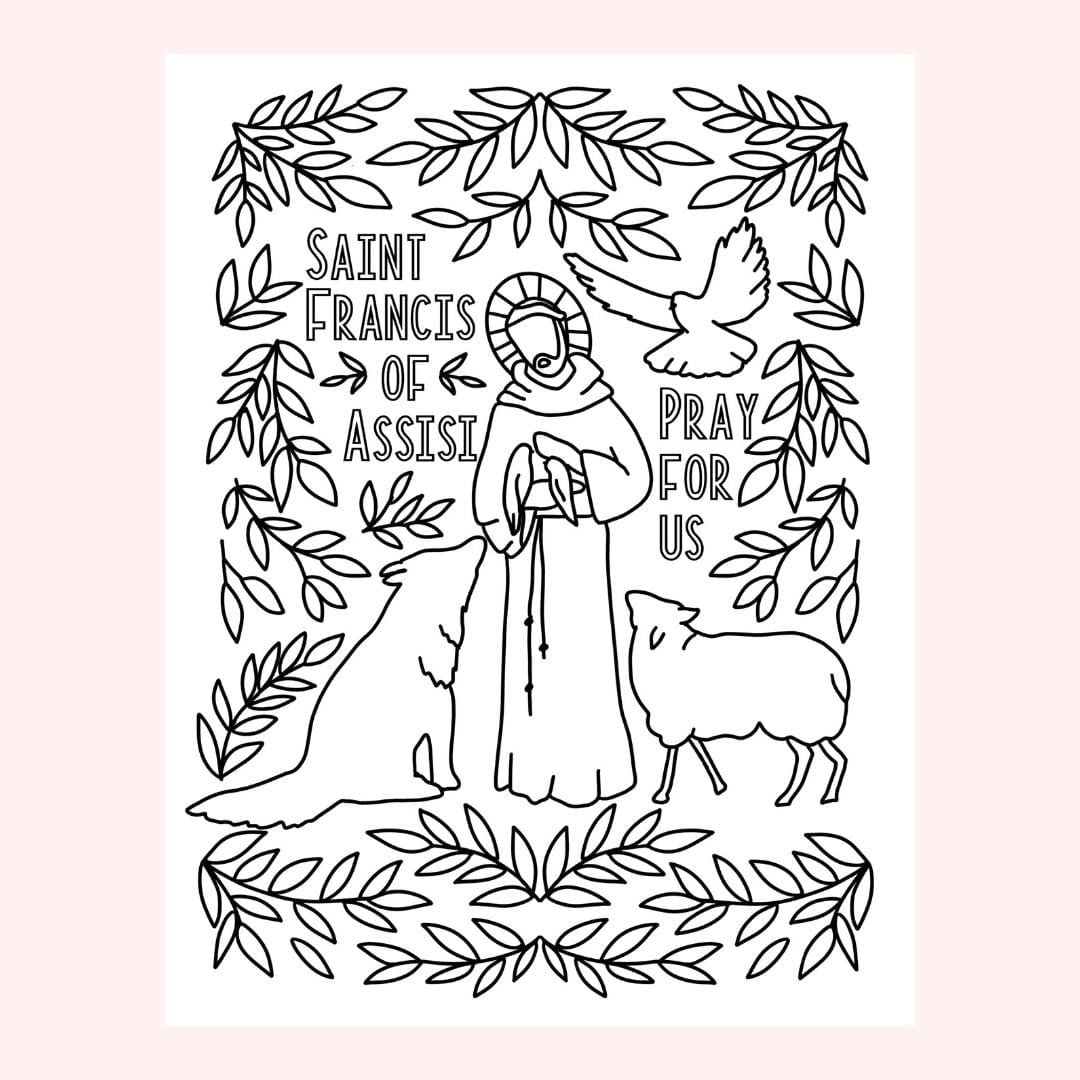 Line drawing of Saint Francis with animals and text.