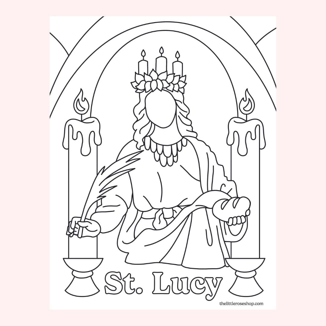 Line drawing of St. Lucy with candles and a wreath.