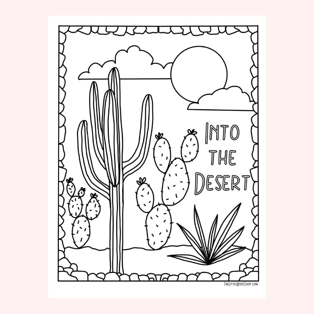 Black and white desert coloring page with cacti.
