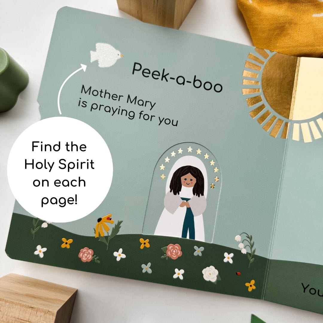 Children's book featuring Mother Mary praying, find the Holy Spirit.