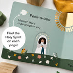Children's book featuring Mother Mary praying, find the Holy Spirit.