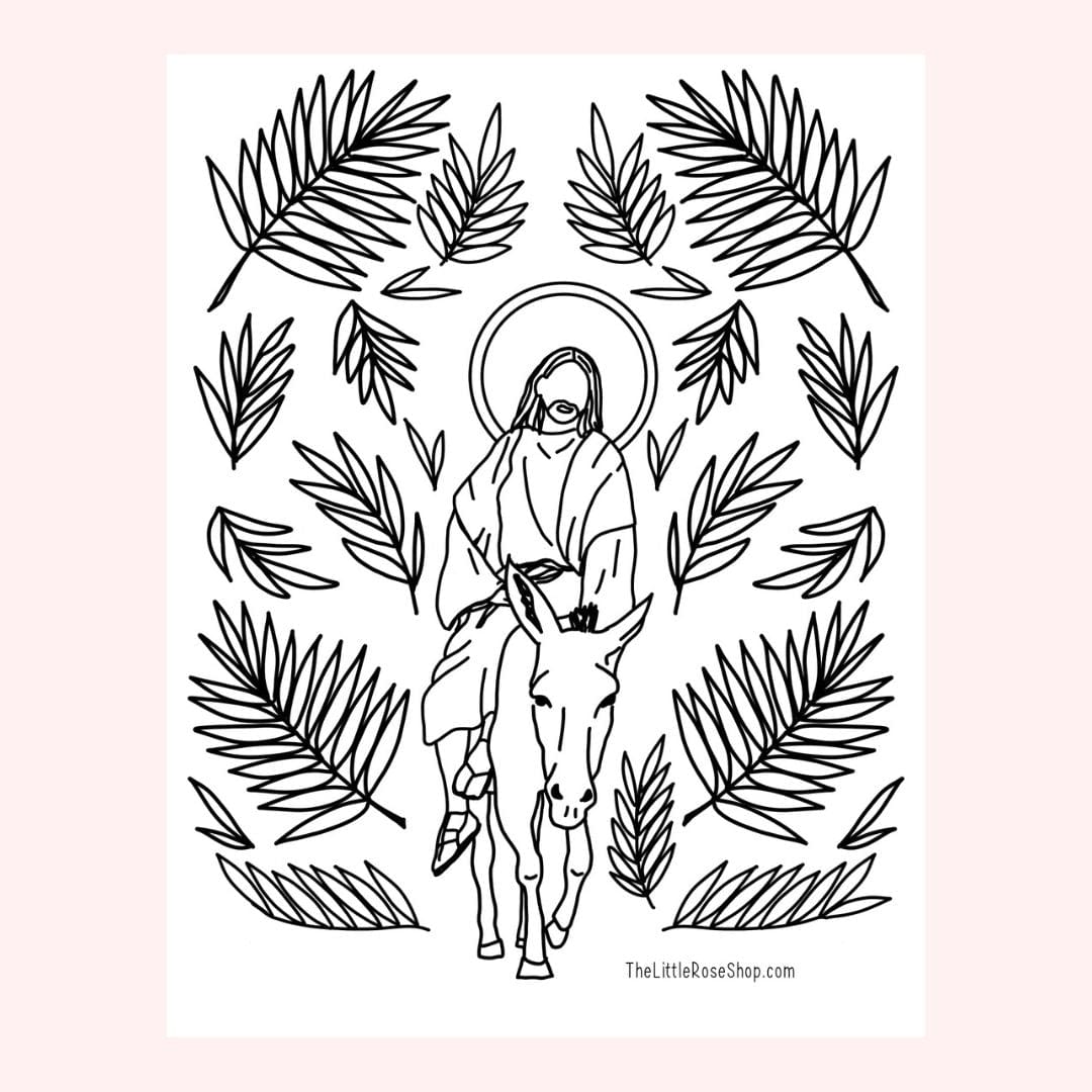 Line drawing of Jesus riding a donkey, surrounded by palm leaves.