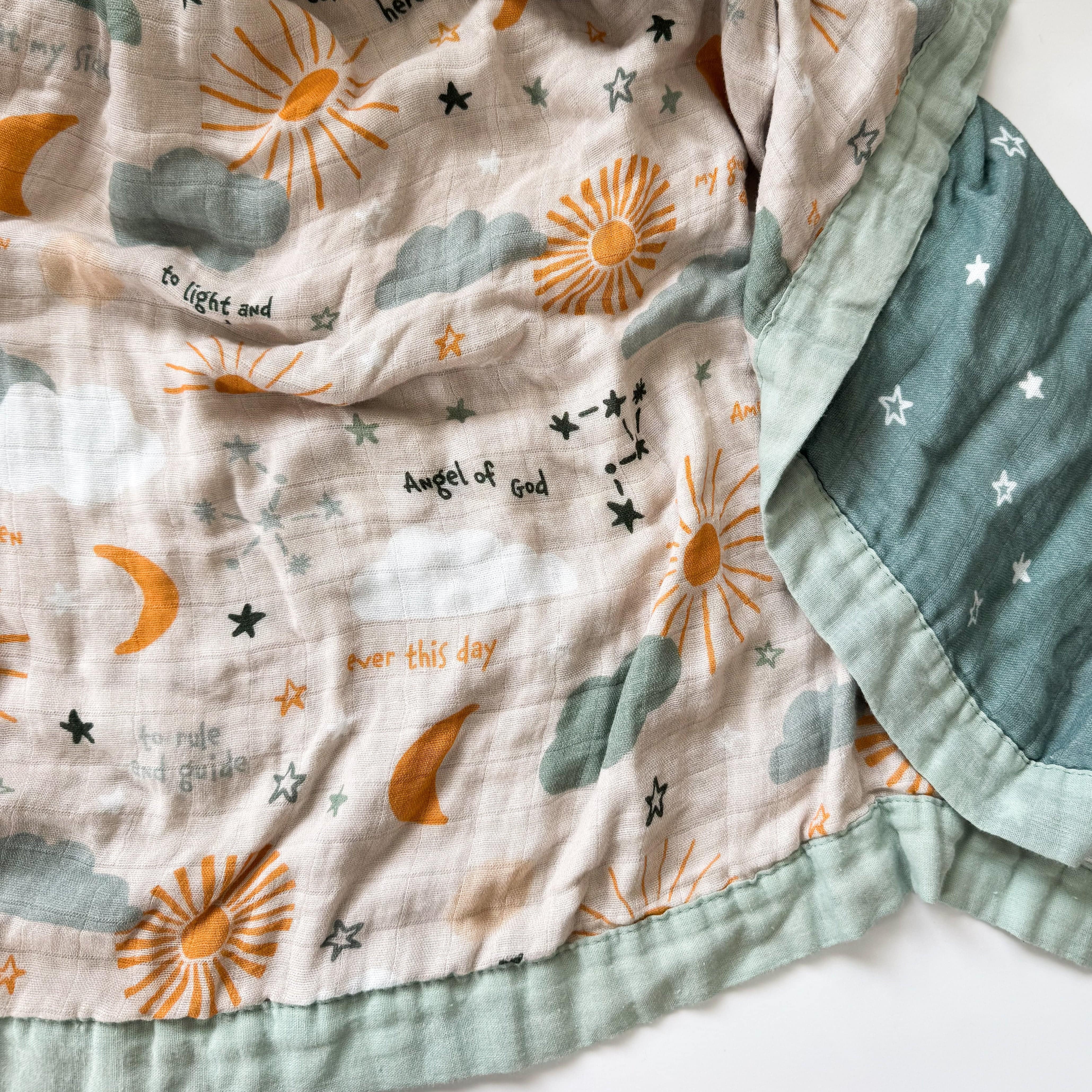 Guardian Angel luxury baby blanket with sun, moon & stars.