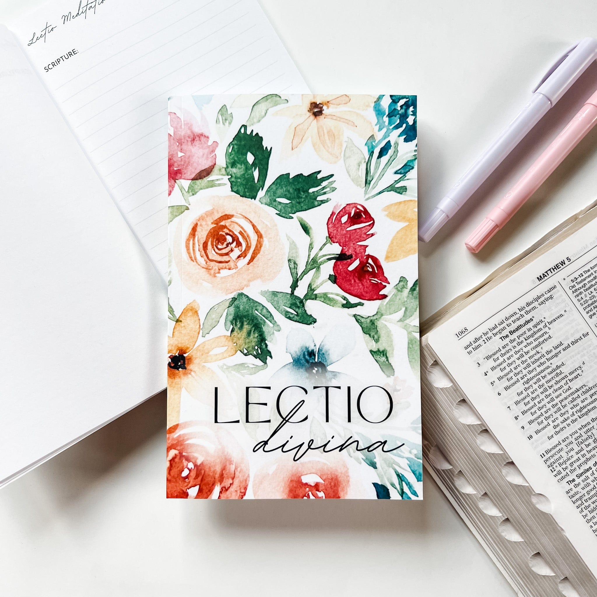 Floral Lectio Divina card with pens and open book.