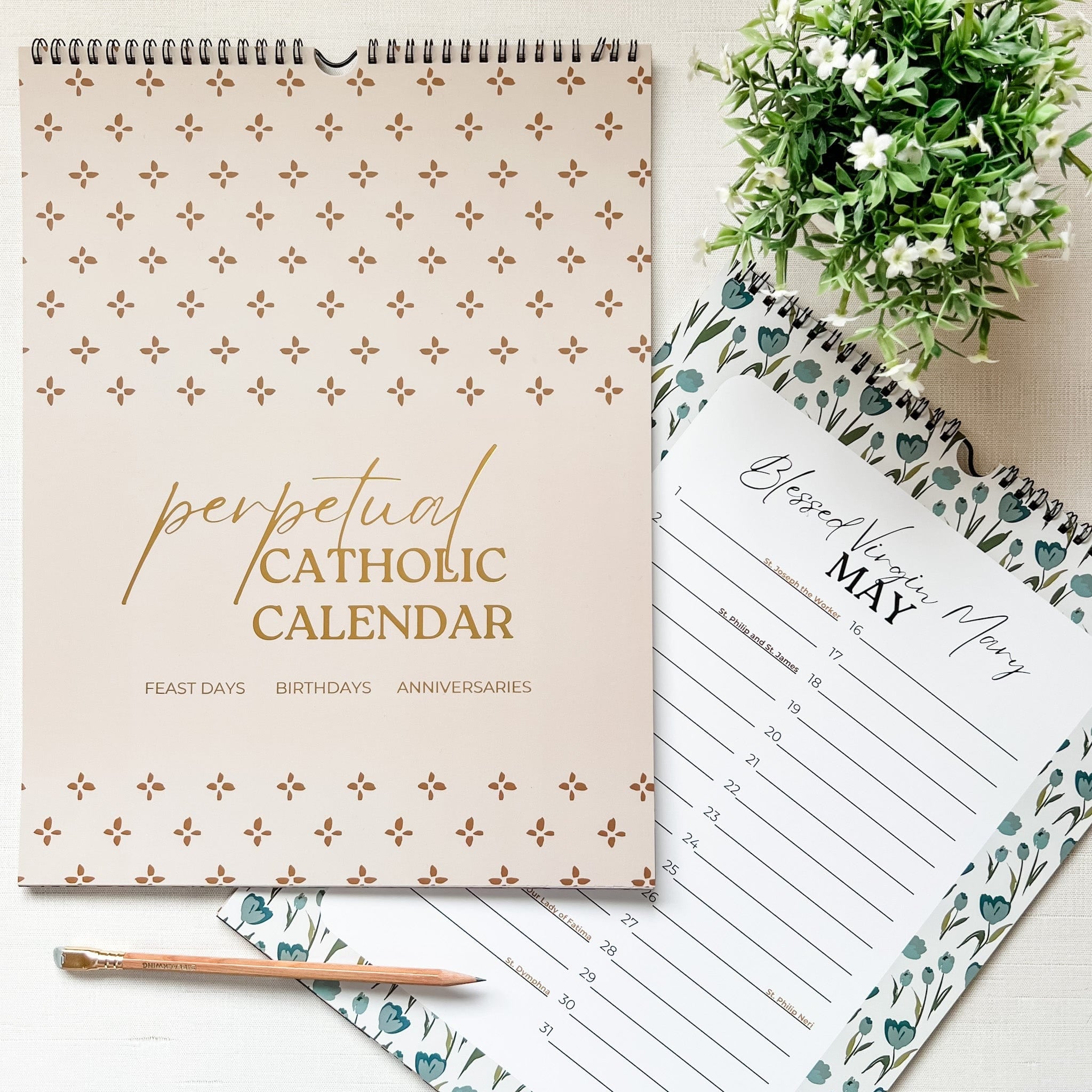 Perpetual Catholic calendar with feast days, birthdays, and anniversaries.