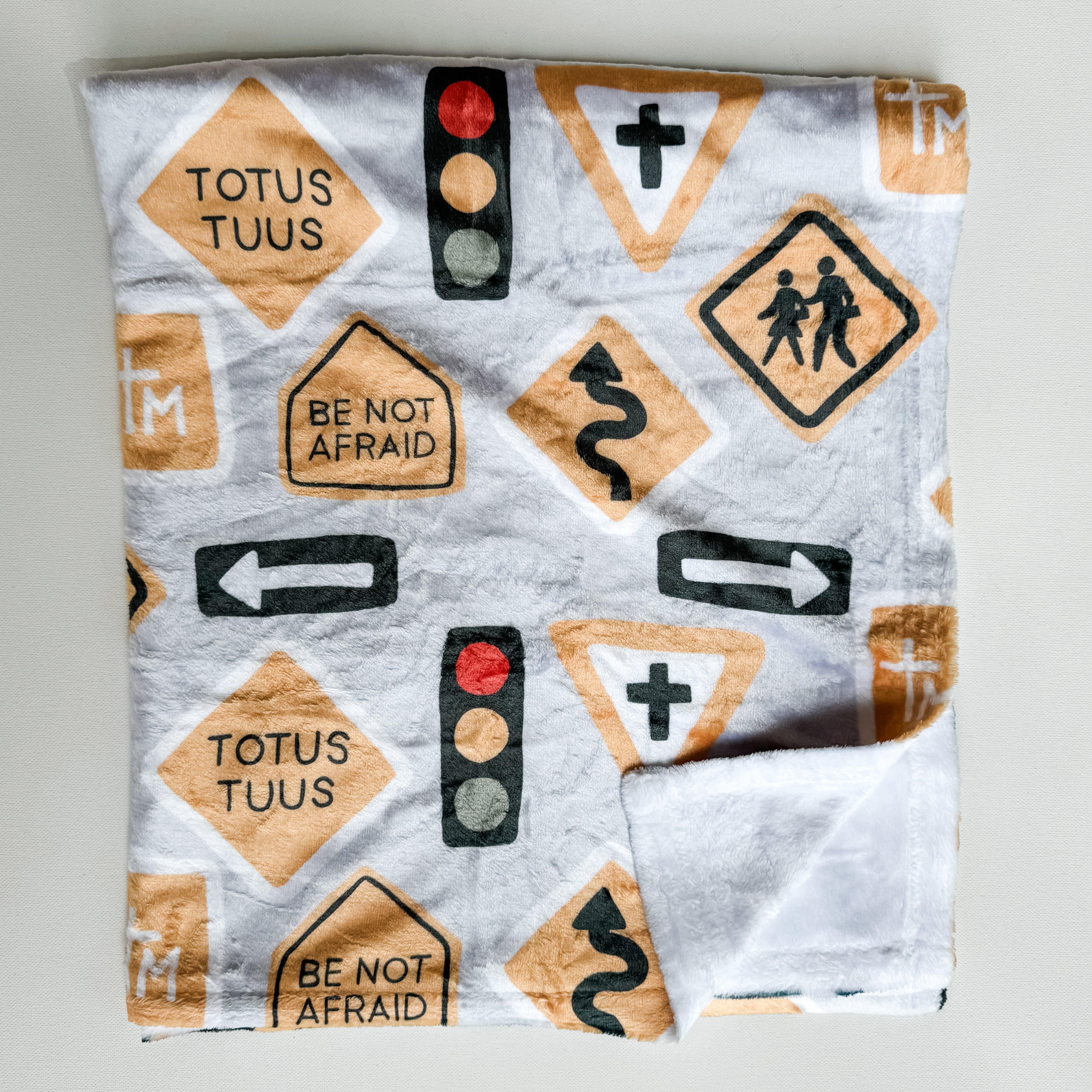 Minky blanket with road signs, Totus Tuus and Be Not Afraid