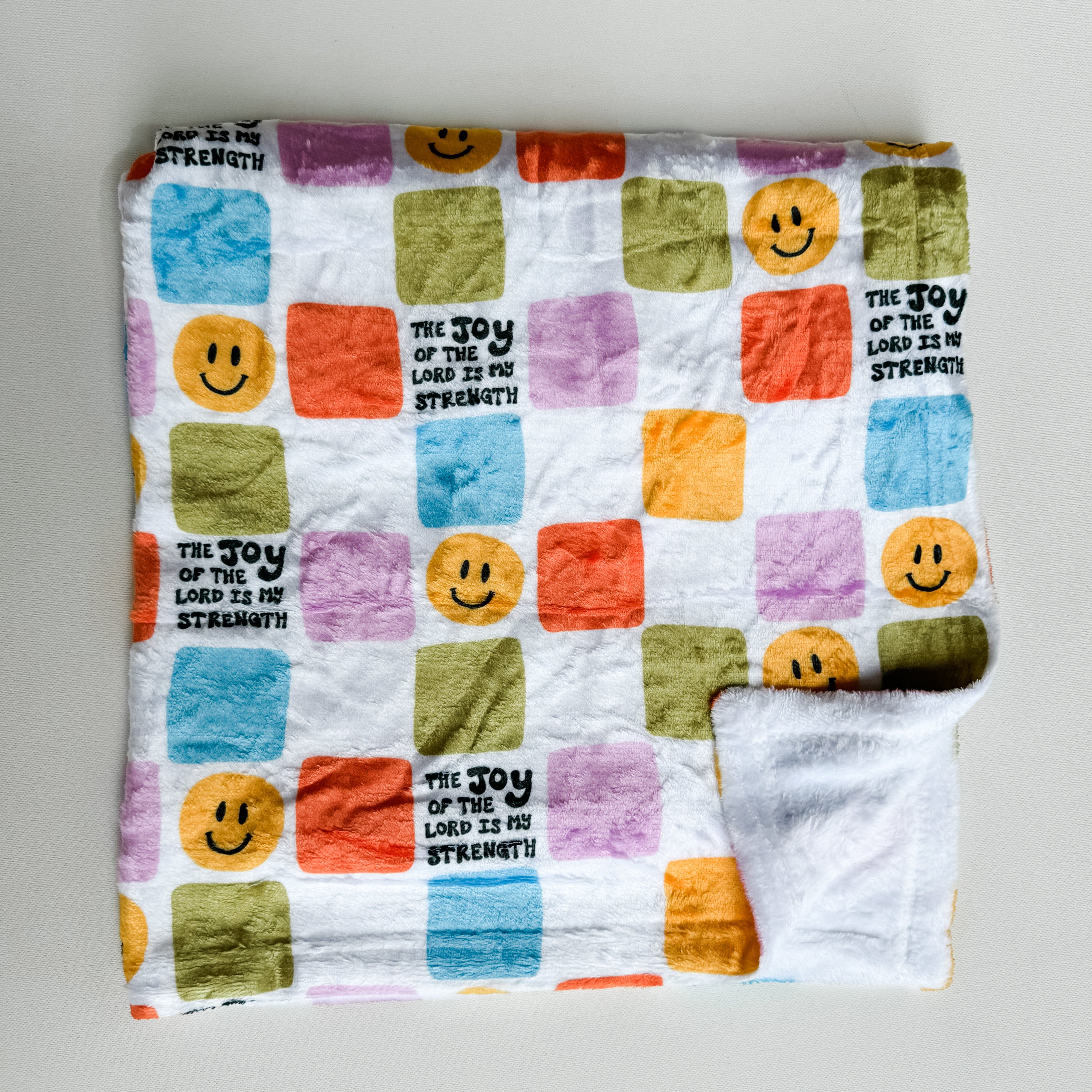 Joy of the Lord Minky blanket with smiley faces