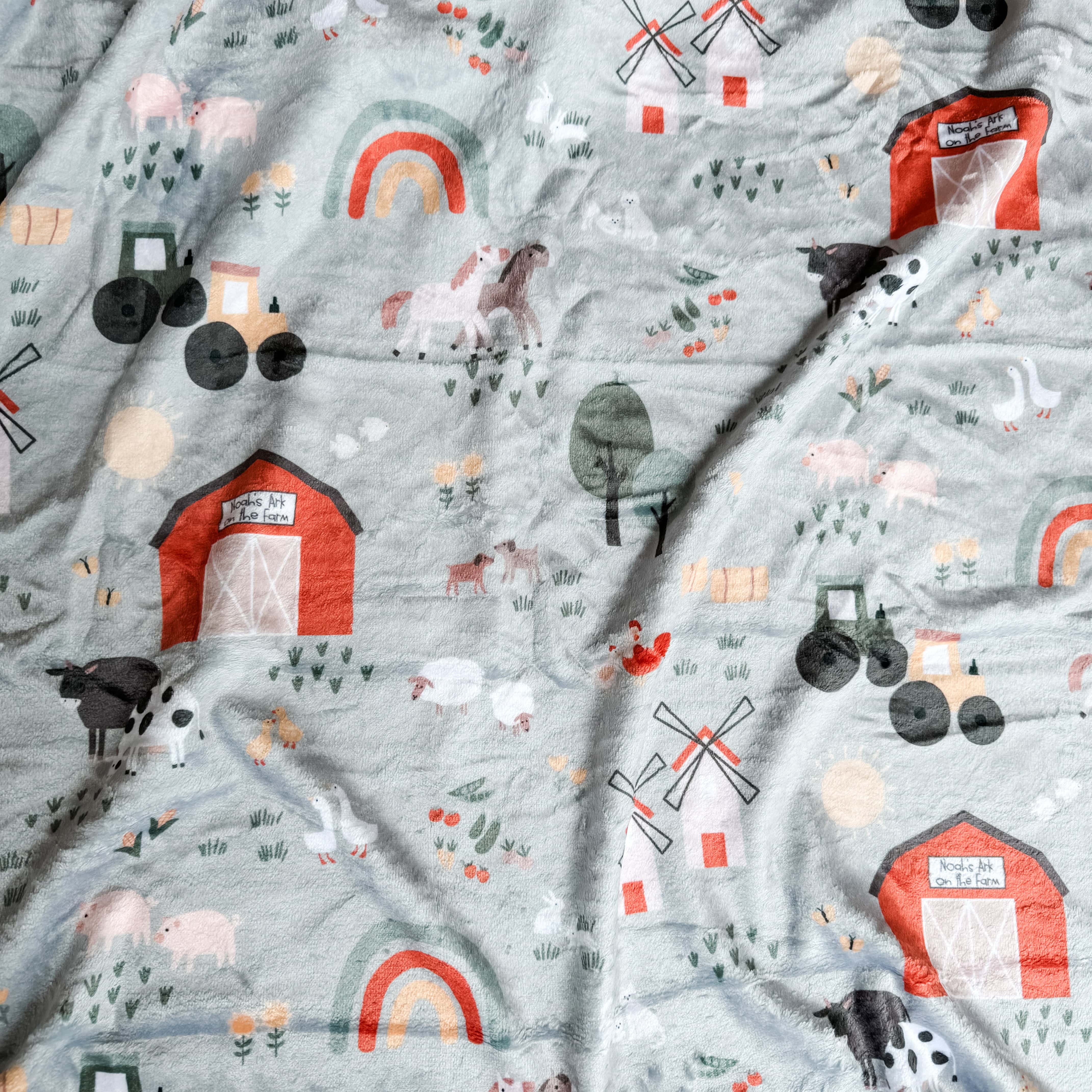 Farm animals and rainbow pattern on minky fabric