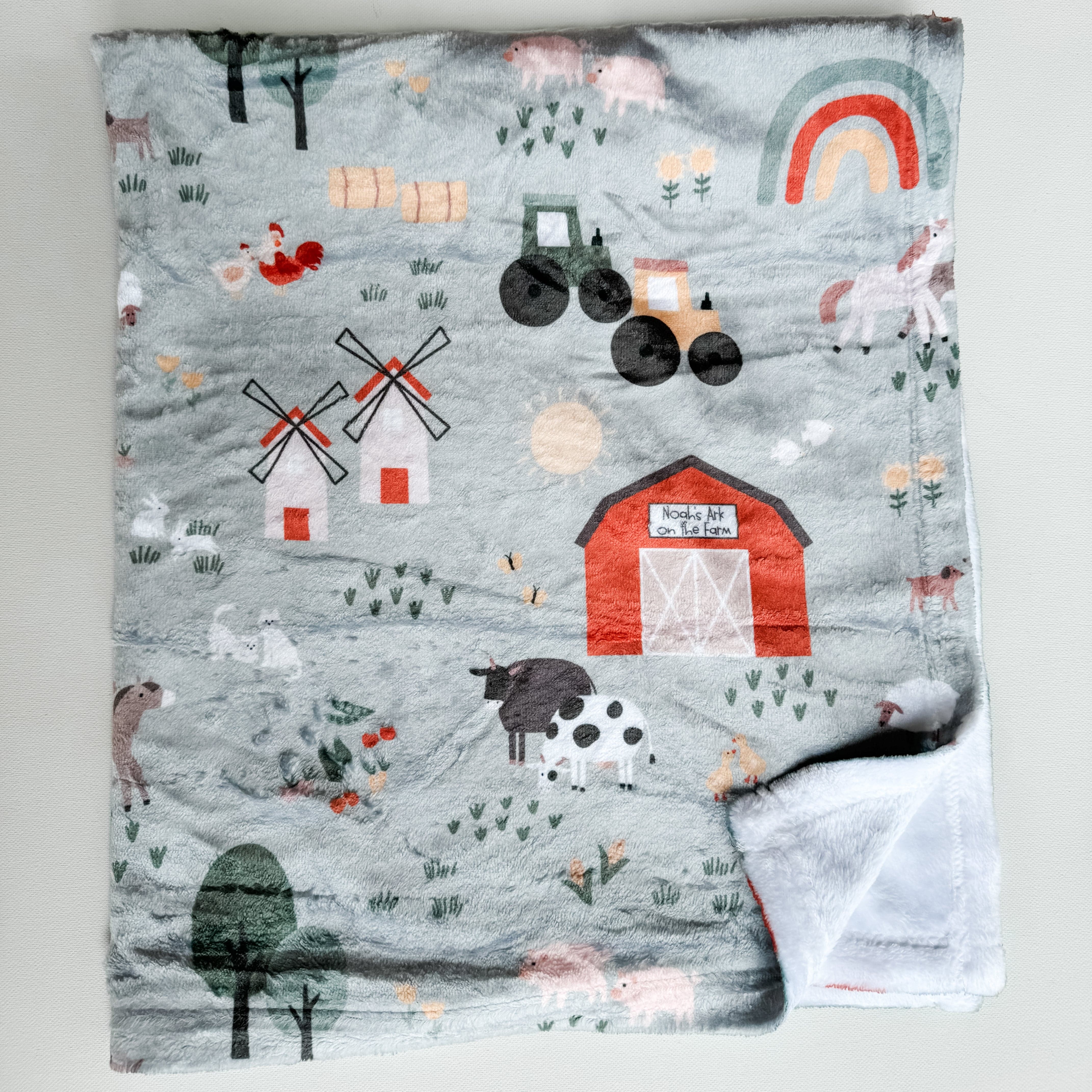Noah's Ark Farm Minky Blanket with farm animals and rainbow