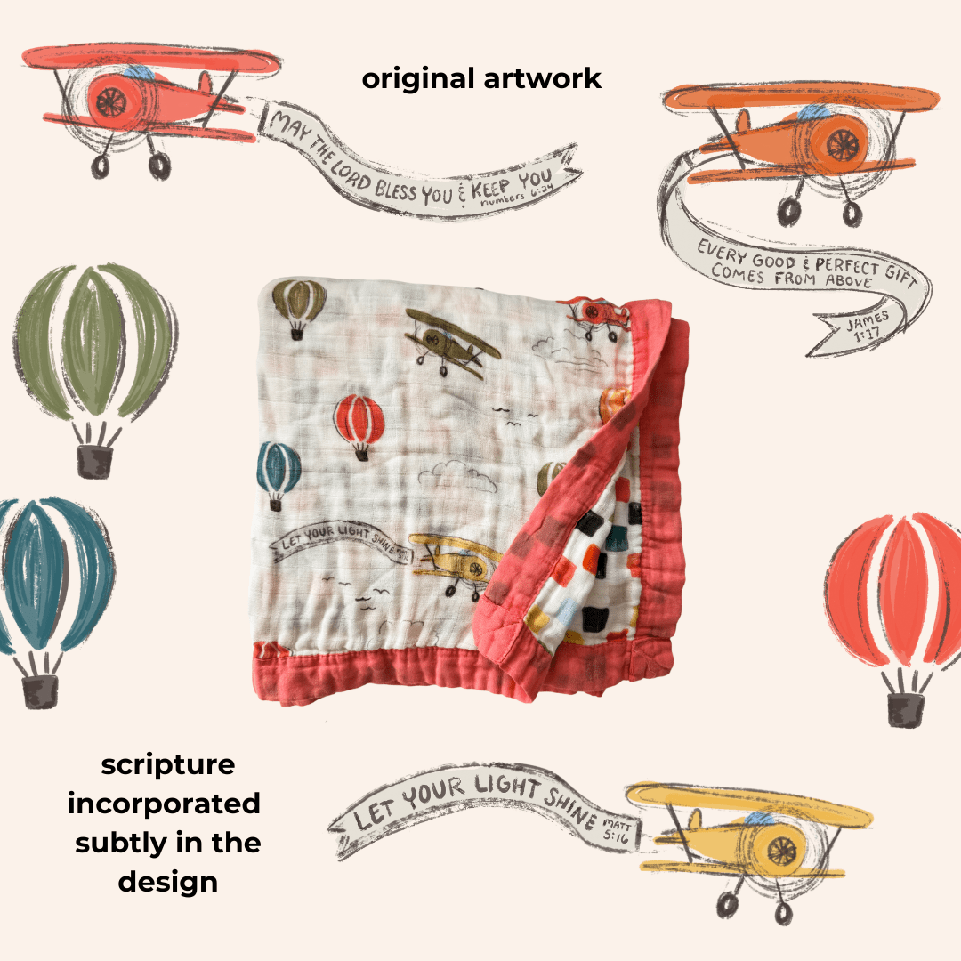 Planes and balloon blanket with scripture details.