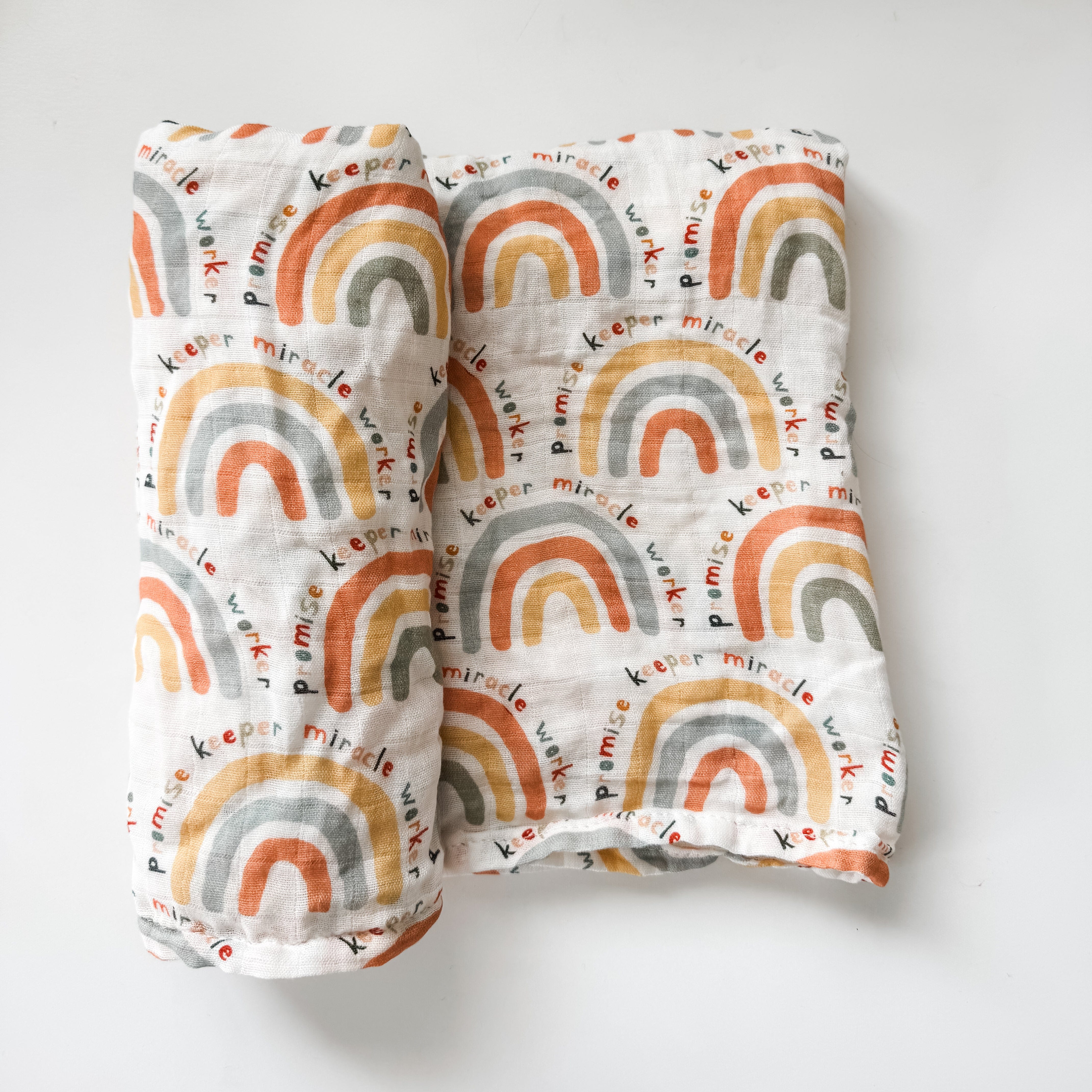 Rainbow swaddle blanket with promise and miracle print