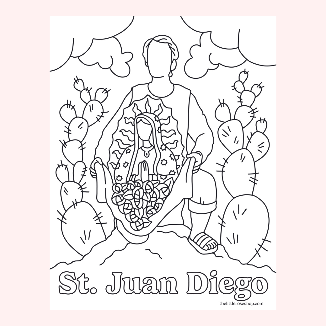 Line art coloring page of St. Juan Diego with flowers and cacti.