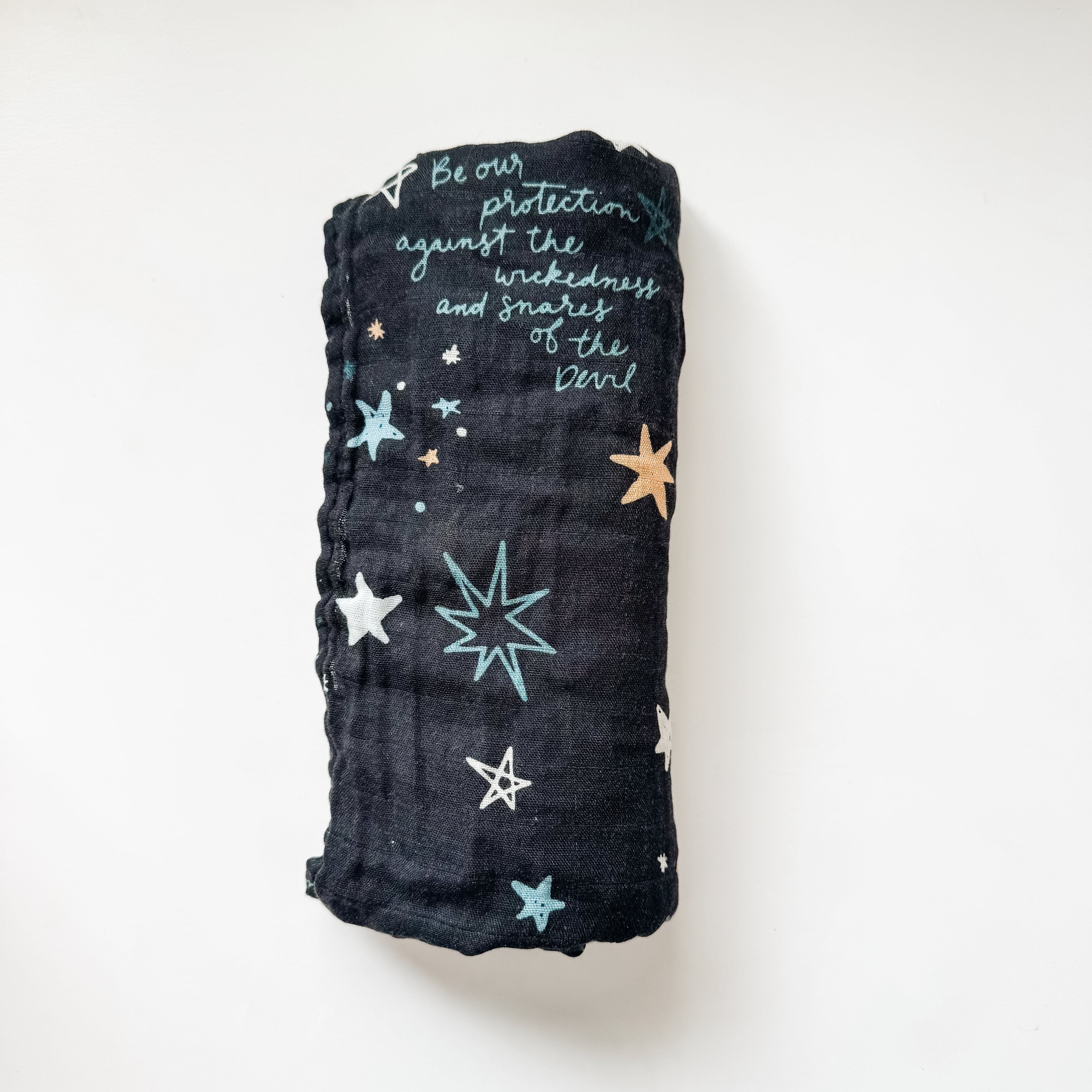 St. Michael Swaddle blanket with stars and text