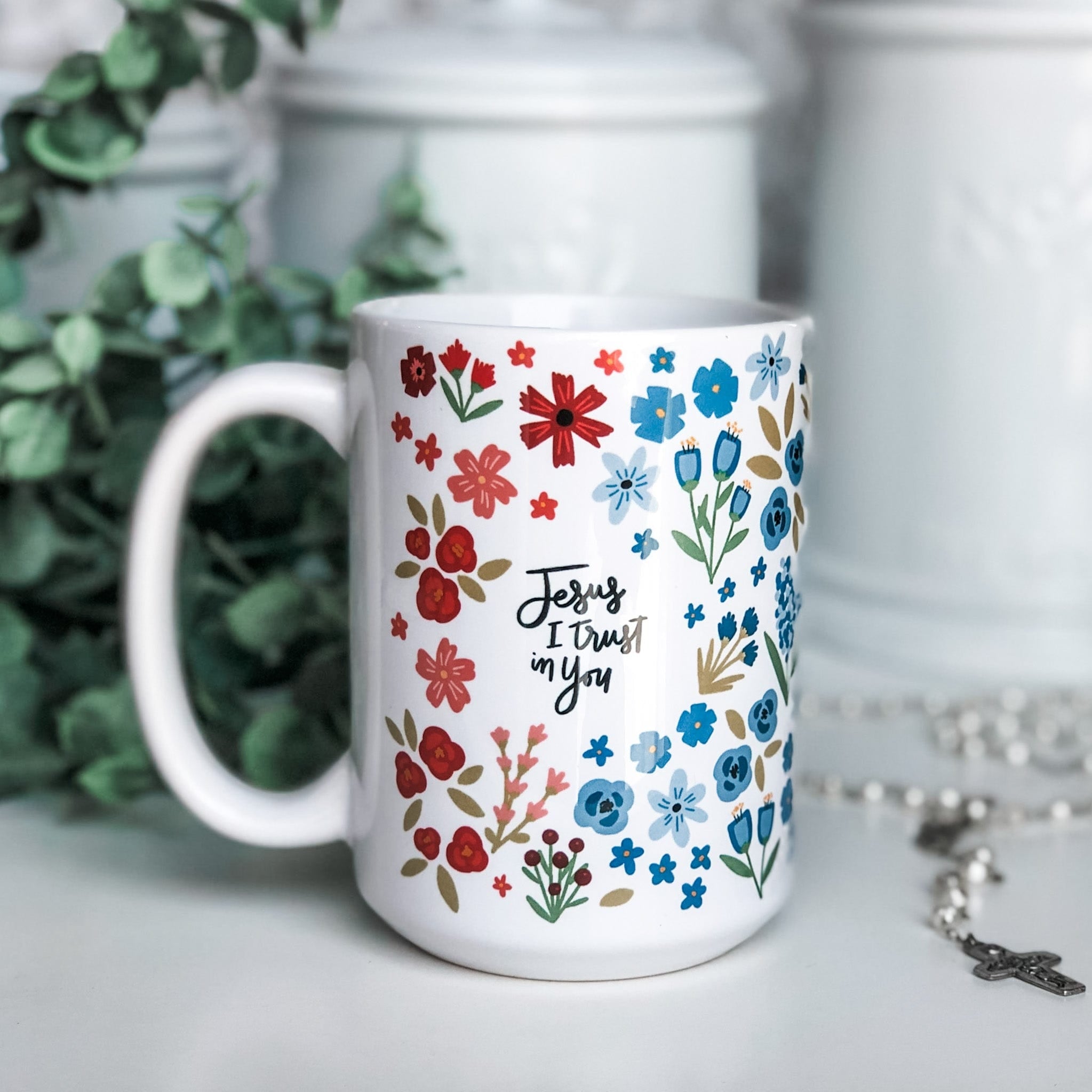 Jesus I Trust in You mug with floral design