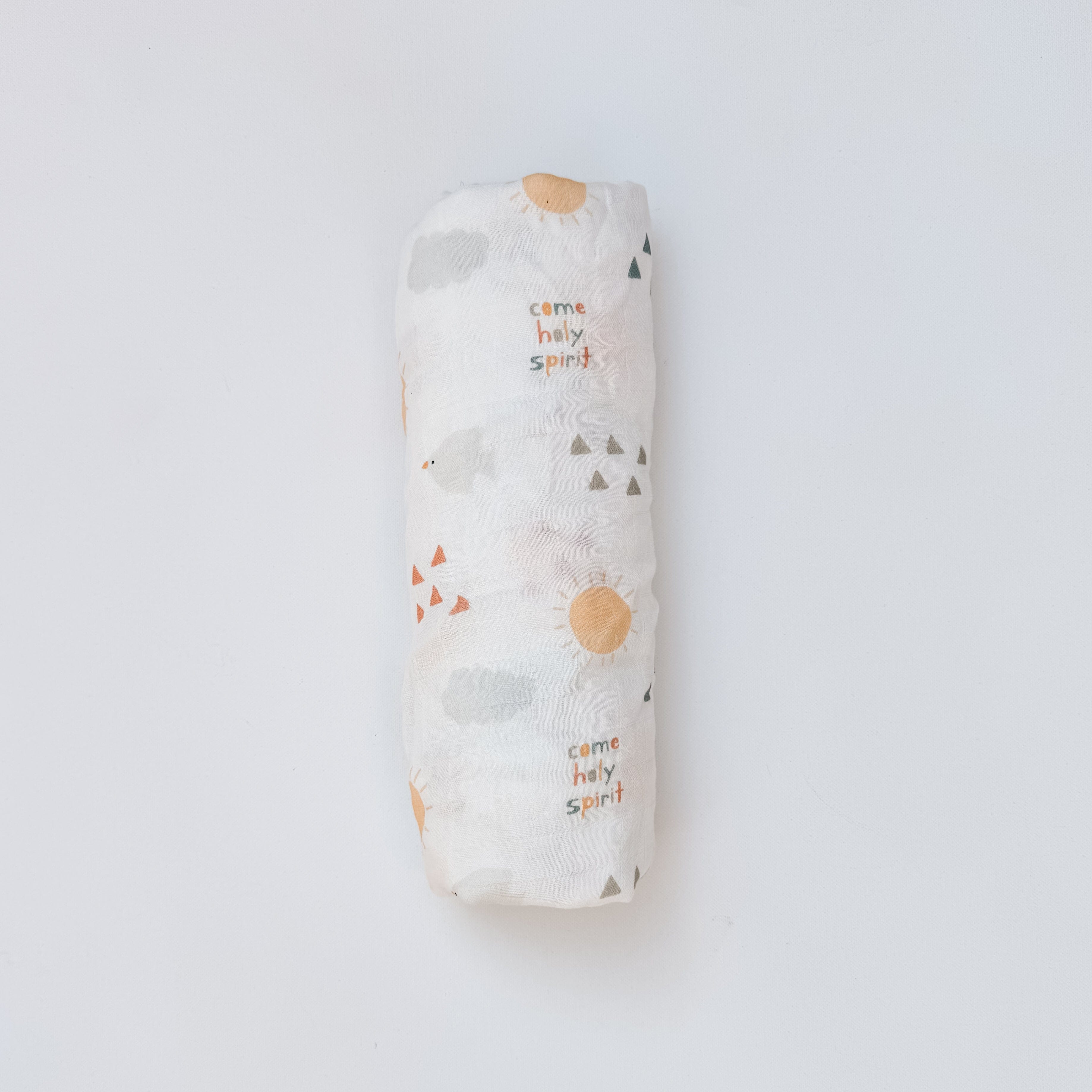 Holy Spirit swaddle blanket with sun and cloud pattern.