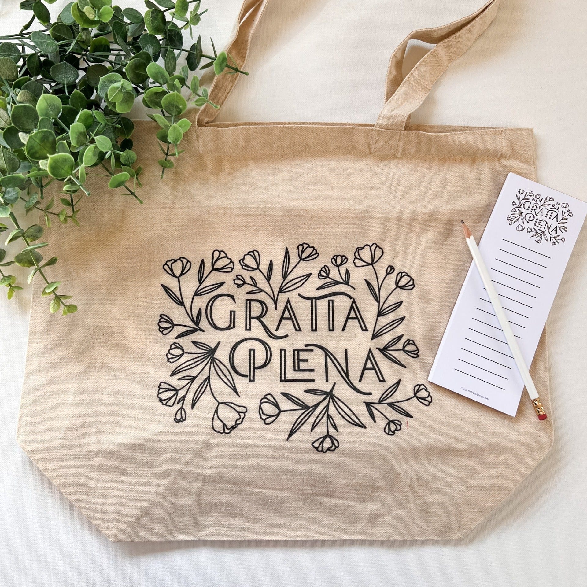 Gratia Plena tote bag with notepad and pencil